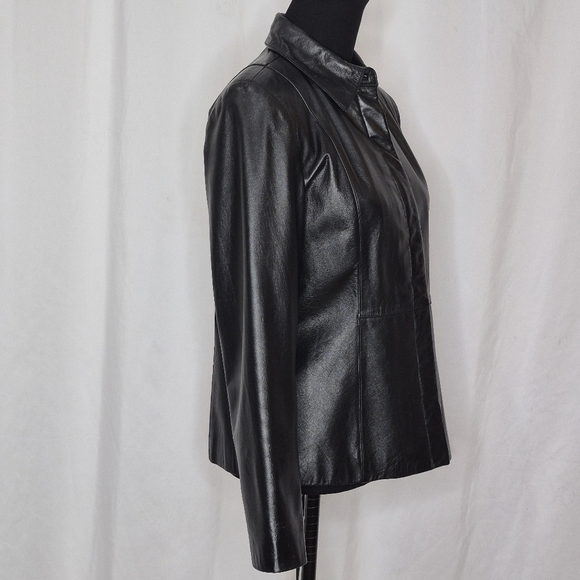 Apostrophe Womens Hidden Button-Front Black Leather Blazer Shirt Jacket - Size 8 - Picture 5 of 15